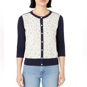 ANN TAYLOR Navy & Cream Floral Contrast Cardigan